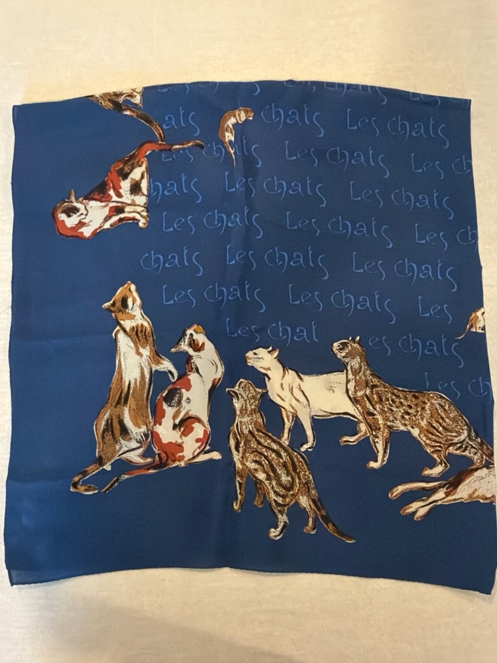 Blue 'Les Chats' Cat Print Silk-Feel Scarf